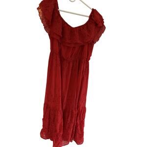 Sofia Women's XL Red Eyelet Flouncy, Romantic Boho Off Shoulder Maxi Dress